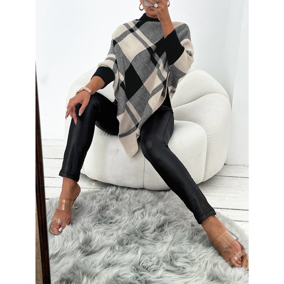 Mock Neck turtleneck Plaid Knit Poncho sweater cardigan black cream preppy boho - Picture 4 of 6